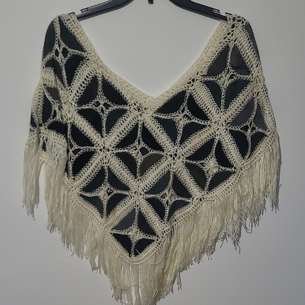 Cream Geometric Fringe Poncho Sweater